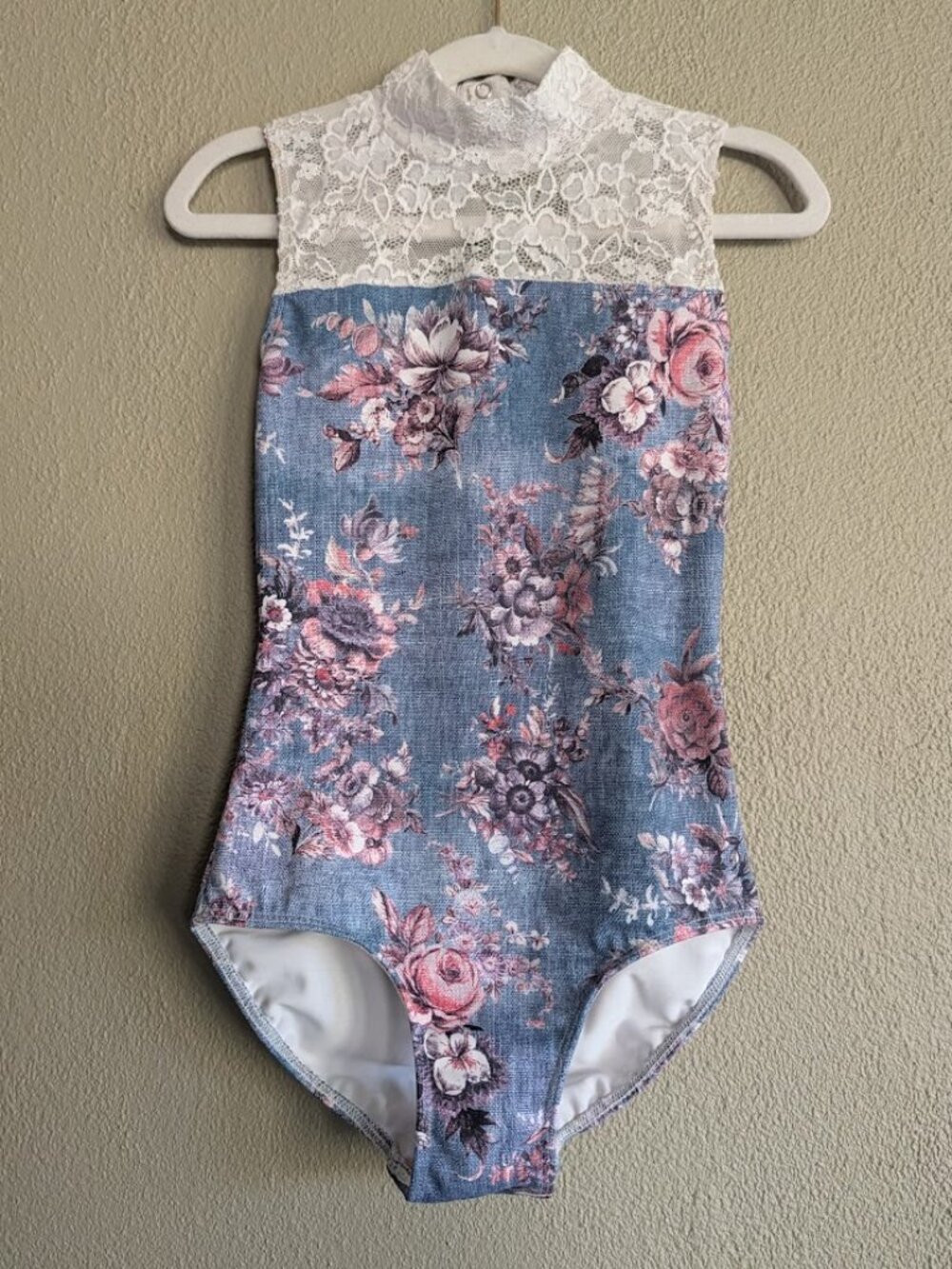Elevé Dancewear * Kids Size L * Denim Floral & White Lace Leotard